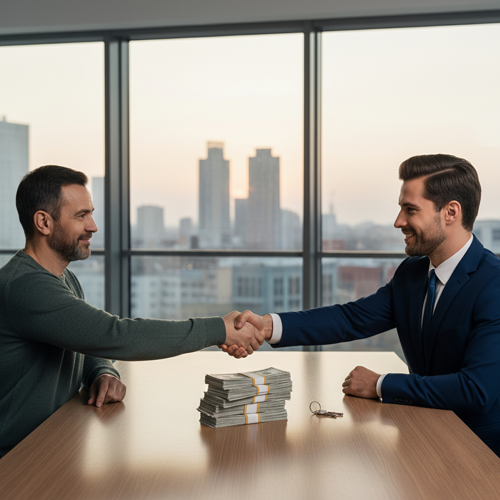 Чоловіки укладають швидку угоду: рукостискання над стопкою грошей та ключами від квартири. Ідеально для тих, кому потрібно терміново продати житло у Харкові через непередбачені обставини.
