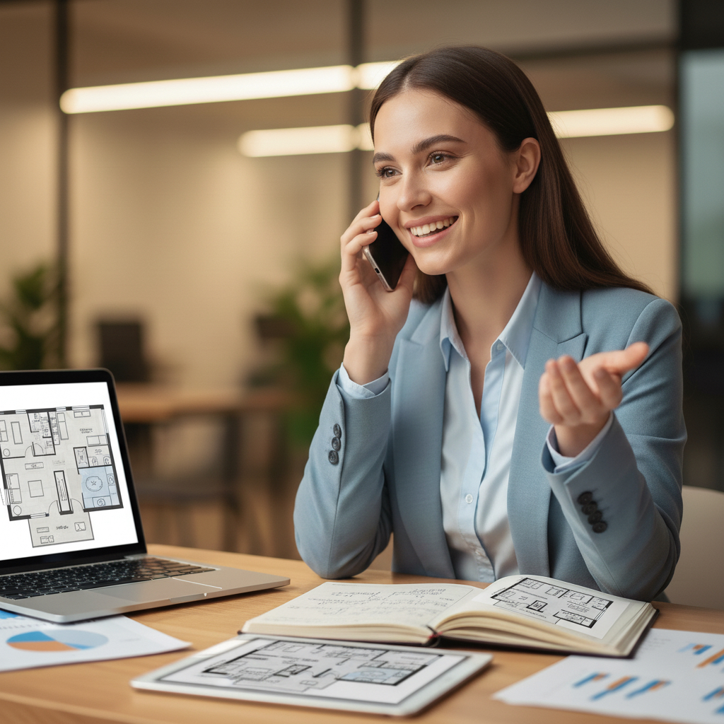 Усміхнена жінка-консультант веде телефонну розмову, сидячи за столом з ноутбуком, на екрані якого відображено план квартири, та відкритим щоденником із нотатками про нерухомість. Фото символізує професійну та уважну консультацію щодо швидкого викупу квартир у Харкові.